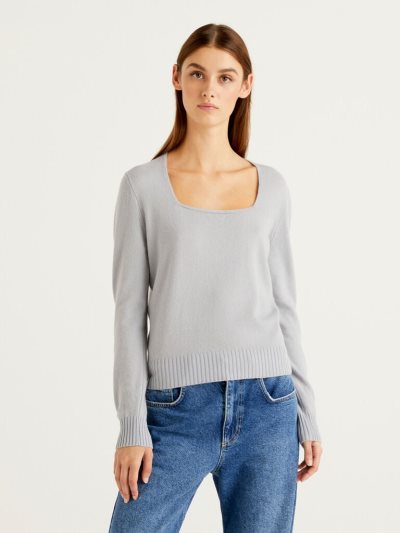 Women's Benetton Square Neck Sweaters Light Grey | NZ923638