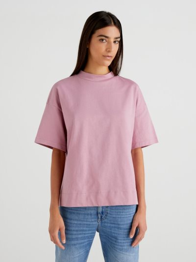 Women's Benetton Standing Neck Short Sleeve T-shirts Pastel Pink | NZ025606