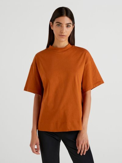 Women's Benetton Standing Neck Short Sleeve T-shirts Burnt | NZ497746