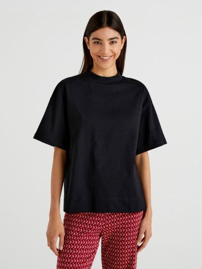 Women's Benetton Standing Neck Short Sleeve T-shirts Black | NZ805782