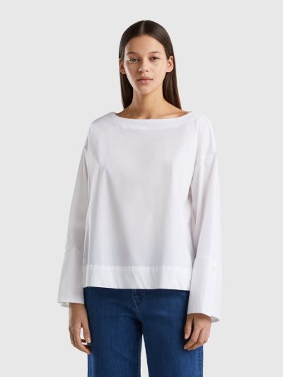Women's Benetton Stretch Cotton Blend Blouse White | NZ982493