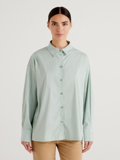 Women's Benetton Stretch Cotton Blend Shirts Aqua | NZ351588