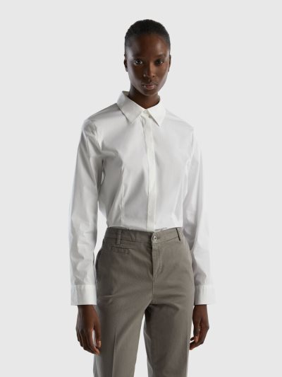 Women's Benetton Stretch Cotton Blend Shirts White | NZ906240