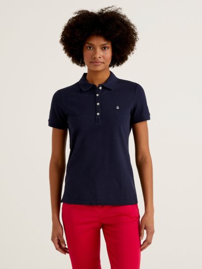 Women's Benetton Stretch Cotton Polo Shirts Dark Blue | NZ705979