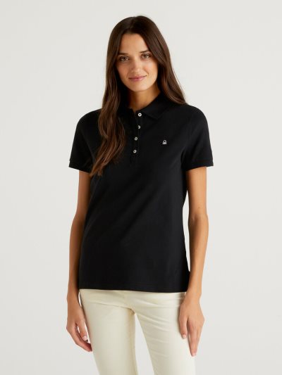 Women's Benetton Stretch Cotton Polo Shirts Black | NZ968255