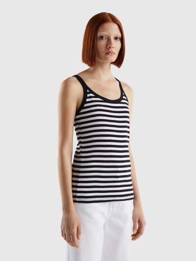 Women's Benetton Striped 100% Cotton Tanks Black | NZ510290