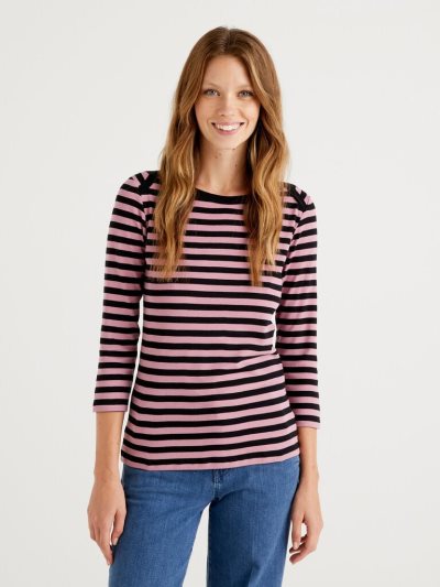 Women's Benetton Striped 3/4 Sleeve 100% Cotton T Shirts Pink | NZ065037