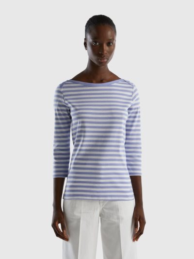 Women's Benetton Striped 3/4 Sleeve 100% Cotton T Shirts Lilac | NZ204273