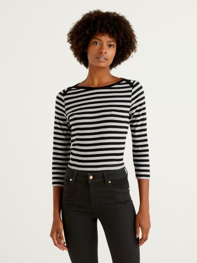 Women's Benetton Striped 3/4 Sleeve 100% Cotton T Shirts Grey | NZ459453