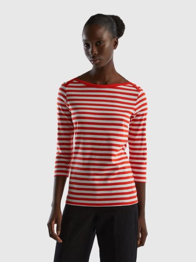 Women's Benetton Striped 3/4 Sleeve 100% Cotton T Shirts Red | NZ683752
