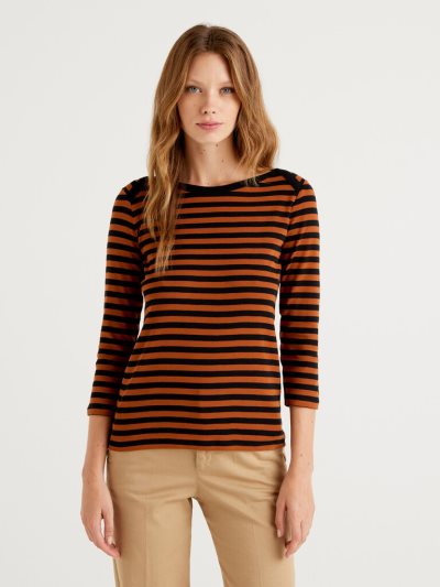 Women's Benetton Striped 3/4 Sleeve 100% Cotton T Shirts Camel | NZ699412