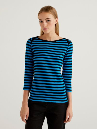 Women's Benetton Striped 3/4 Sleeve 100% Cotton T Shirts Turquoise | NZ755802
