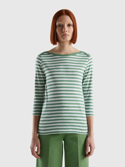 Women's Benetton Striped 3/4 Sleeve 100% Cotton T Shirts Green | NZ896754
