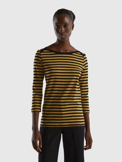 Women's Benetton Striped 3/4 Sleeve 100% Cotton T Shirts Mustard | NZ985190