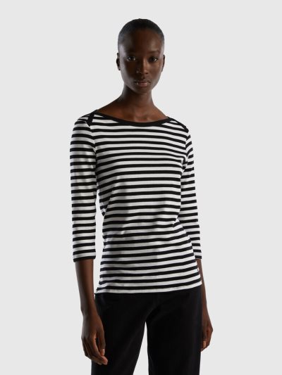 Women's Benetton Striped 3/4 Sleeve Pure Cotton T Shirts Black | NZ094880