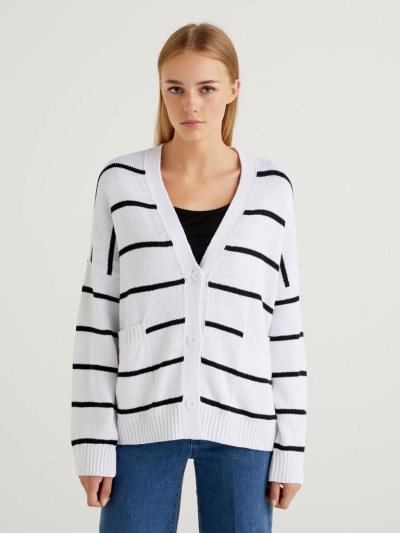 Women's Benetton Striped Buttons Cardigan White | NZ511909