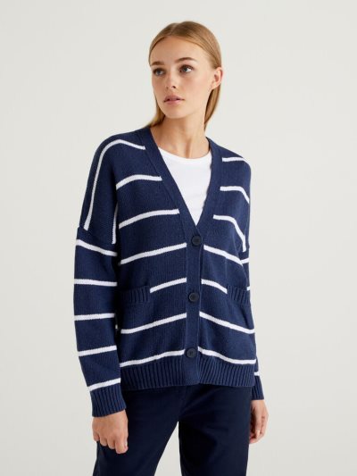 Women's Benetton Striped Buttons Cardigan Dark Blue | NZ626422