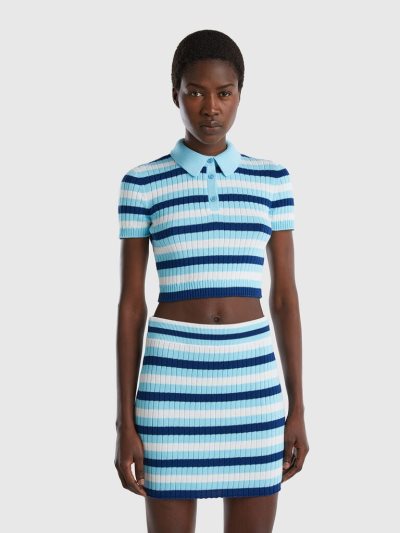 Women's Benetton Striped Cropped Polo Shirts Light Blue | NZ407046