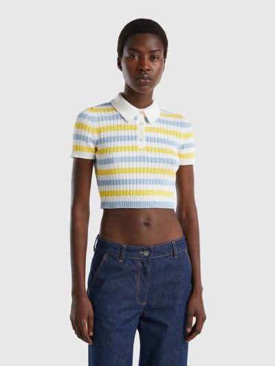 Women's Benetton Striped Cropped Polo Shirts Multi-color | NZ496579