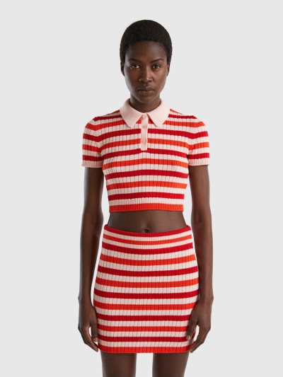 Women's Benetton Striped Cropped Polo Shirts Red | NZ948315