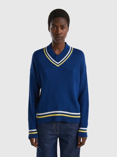 Women's Benetton Striped Edges V-neck Sweaters Blue | NZ227590