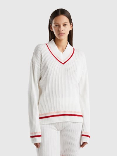 Women's Benetton Striped Edges V-neck Sweaters Cream White | NZ949025