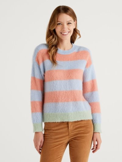 Women's Benetton Striped Mohair Blend Crew Neck Sweaters Salmon | NZ063442