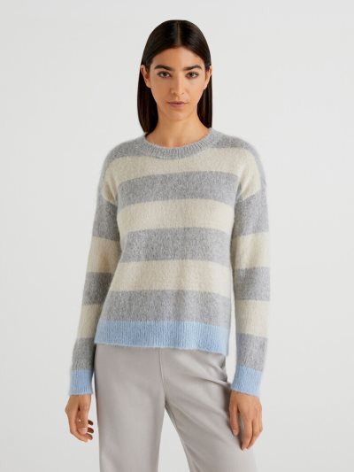 Women's Benetton Striped Mohair Blend Crew Neck Sweaters Light Grey | NZ198537