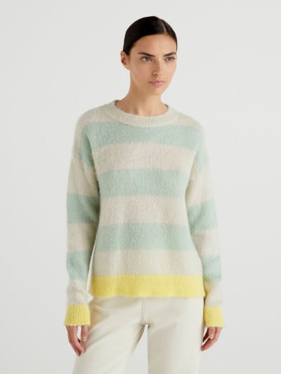 Women's Benetton Striped Mohair Blend Crew Neck Sweaters Beige | NZ251293