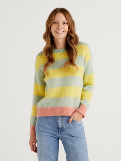 Women's Benetton Striped Mohair Blend Crew Neck Sweaters Yellow | NZ283204