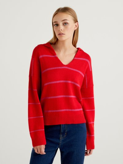 Women's Benetton Striped Polo V-neck Sweaters Red | NZ577508