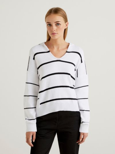Women's Benetton Striped Polo V-neck Sweaters White | NZ717128