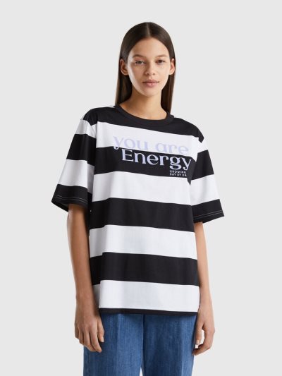 Women's Benetton Striped Slogan Short Sleeve T-shirts Black | NZ272901