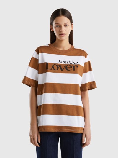 Women's Benetton Striped Slogan Short Sleeve T-shirts Beige | NZ276464