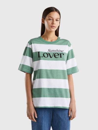 Women's Benetton Striped Slogan Short Sleeve T-shirts Green | NZ819909