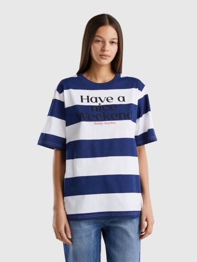 Women's Benetton Striped Slogan Short Sleeve T-shirts Blue | NZ884487