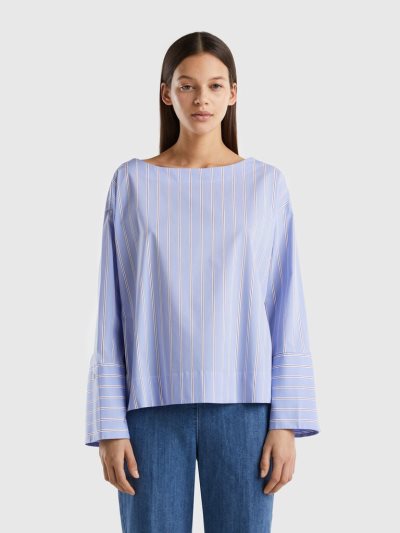 Women's Benetton Striped Stretch Cotton Blend Blouse Light Blue | NZ672285