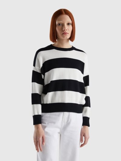 Women's Benetton Striped Tricot Cotton Crew Neck Sweaters Black | NZ192248