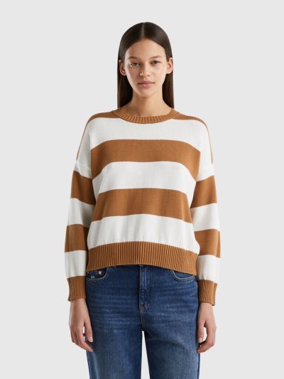 Women's Benetton Striped Tricot Cotton Crew Neck Sweaters Beige | NZ487635