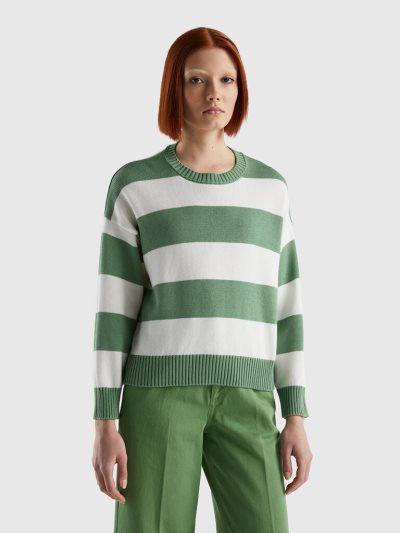 Women's Benetton Striped Tricot Cotton Crew Neck Sweaters Green | NZ508041