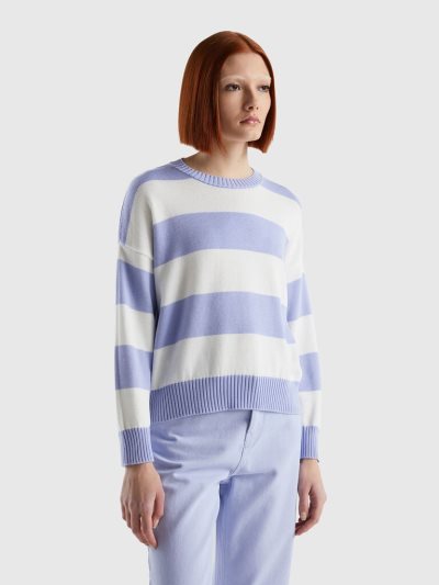 Women's Benetton Striped Tricot Cotton Crew Neck Sweaters Lavender | NZ626573