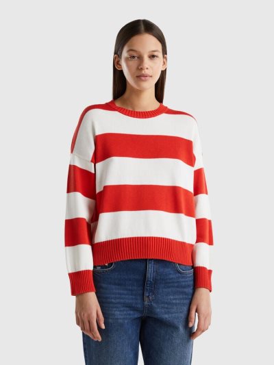 Women's Benetton Striped Tricot Cotton Crew Neck Sweaters Red | NZ955417