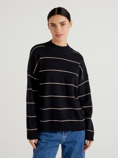 Women's Benetton Striped Turtleneck High Neck Sweaters Black | NZ004966