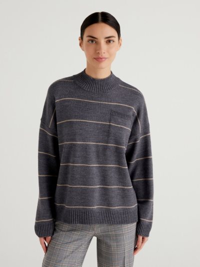 Women's Benetton Striped Turtleneck High Neck Sweaters Dark Grey | NZ771637