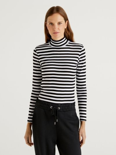 Women's Benetton Striped Turtleneck Long Sleeve T-shirts Black | NZ239897