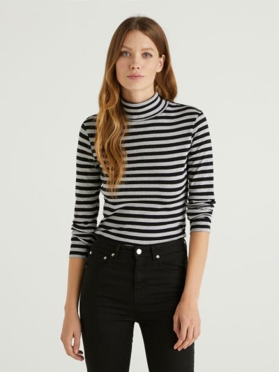 Women's Benetton Striped Turtleneck Long Sleeve T-shirts Black | NZ327758