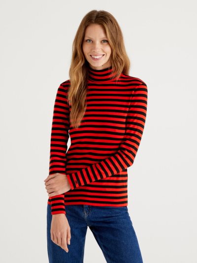 Women's Benetton Striped Turtleneck Long Sleeve T-shirts Red | NZ750130