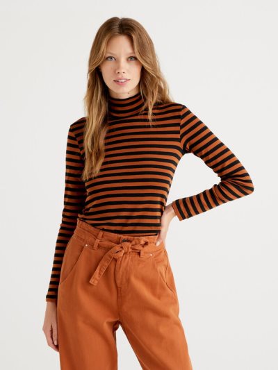 Women's Benetton Striped Turtleneck Long Sleeve T-shirts Camel | NZ792645
