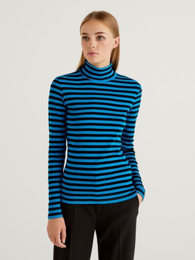 Women's Benetton Striped Turtleneck Long Sleeve T-shirts Turquoise | NZ834315