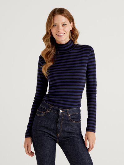 Women's Benetton Striped Turtleneck Long Sleeve T-shirts Blue | NZ954851